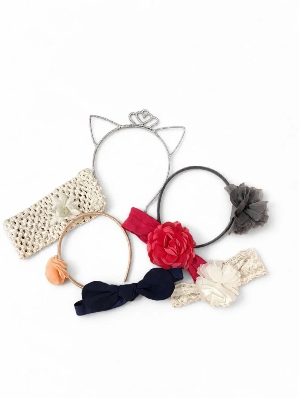 Baby Toddler Girls Cat Ear Tiara Crochet Lace Flower Bow Headband Lot Of 7